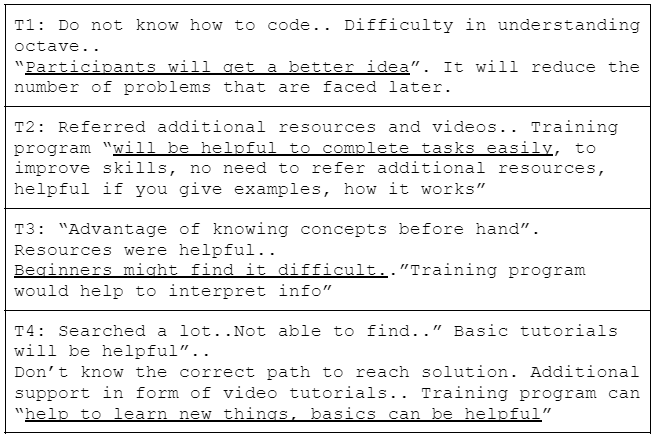 It is screenshot of interview transcript done for 4 team where they highlight that training program would be useful to get better idea and would be helpful.