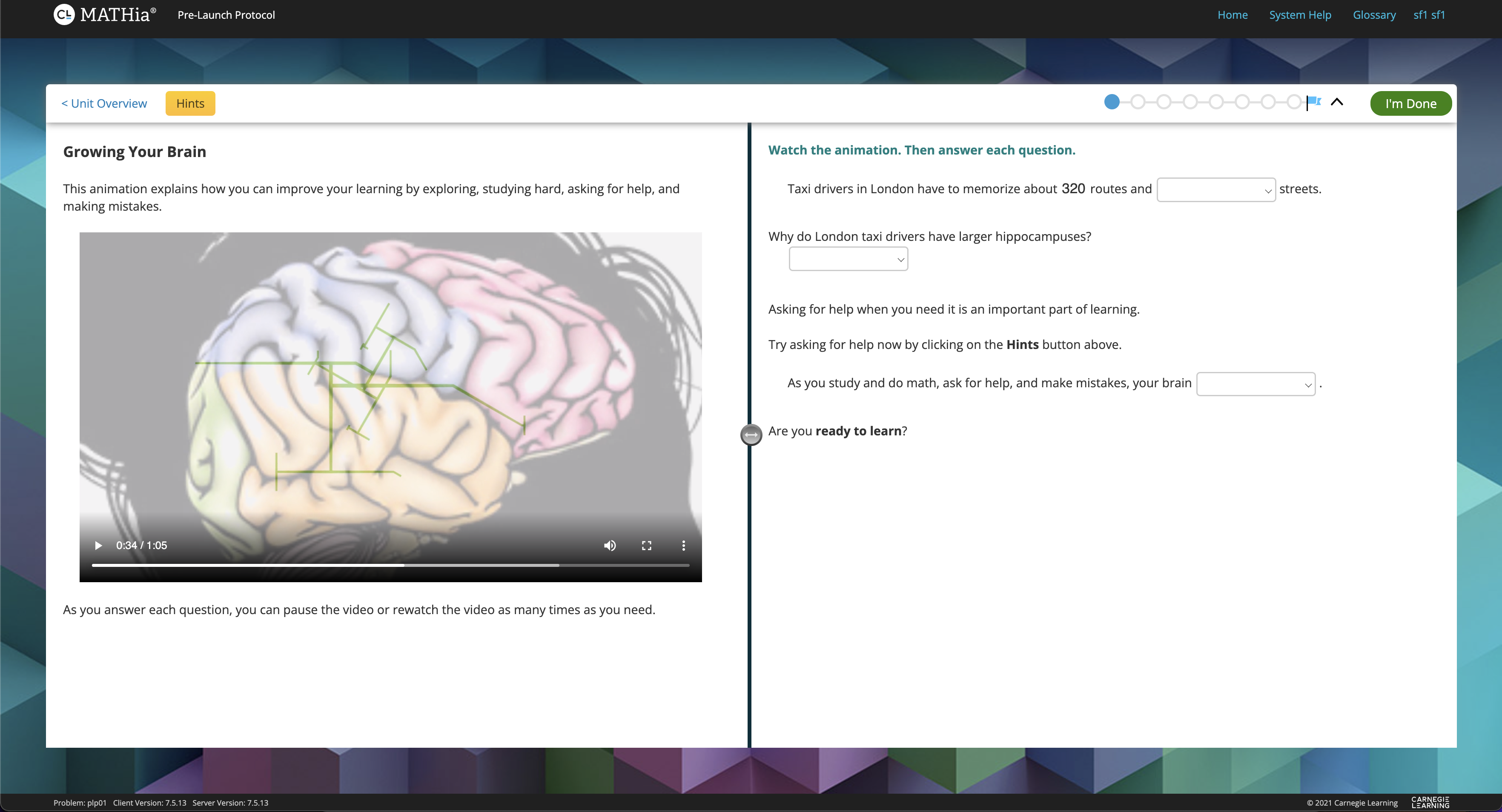 Screenshot of a MATHia workspace, with a video on the left, and questions for students to answer on the right.