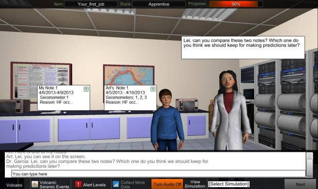 A computer screen shot of an artificial teacher agent and student agent. There is a text box for the human to enter information into and a speech bubble to show agent text.
Description automatically generated