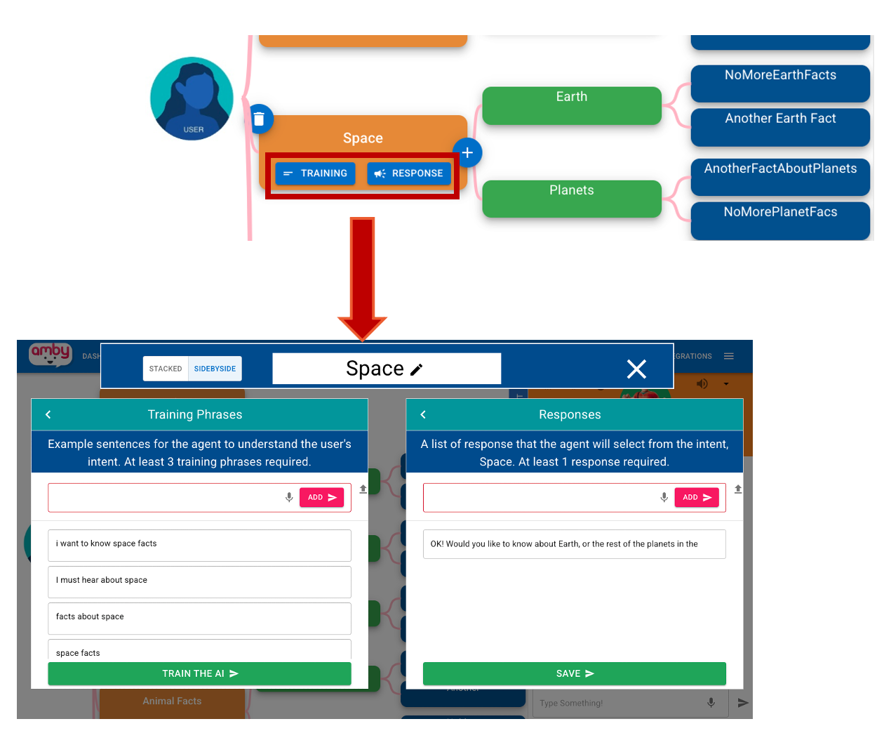 Screenshot showing an example of how students set up training phrases and responses for an intent