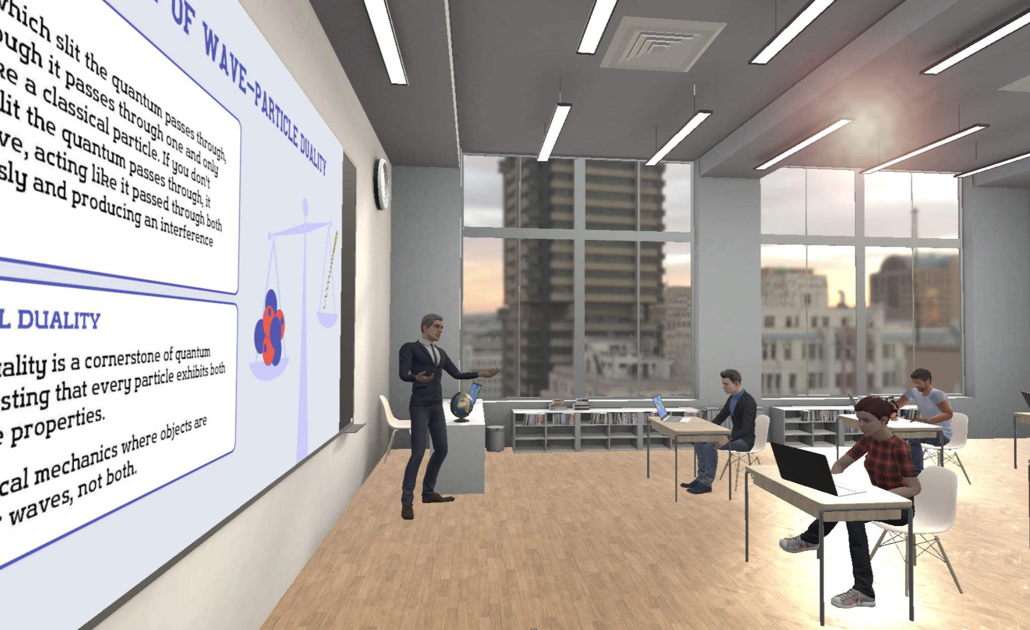 Screenshot of a virtual classroom environment, showing a teacher's perspective with virtual students seated in front, digital whiteboards displaying educational content, and an interactive interface.