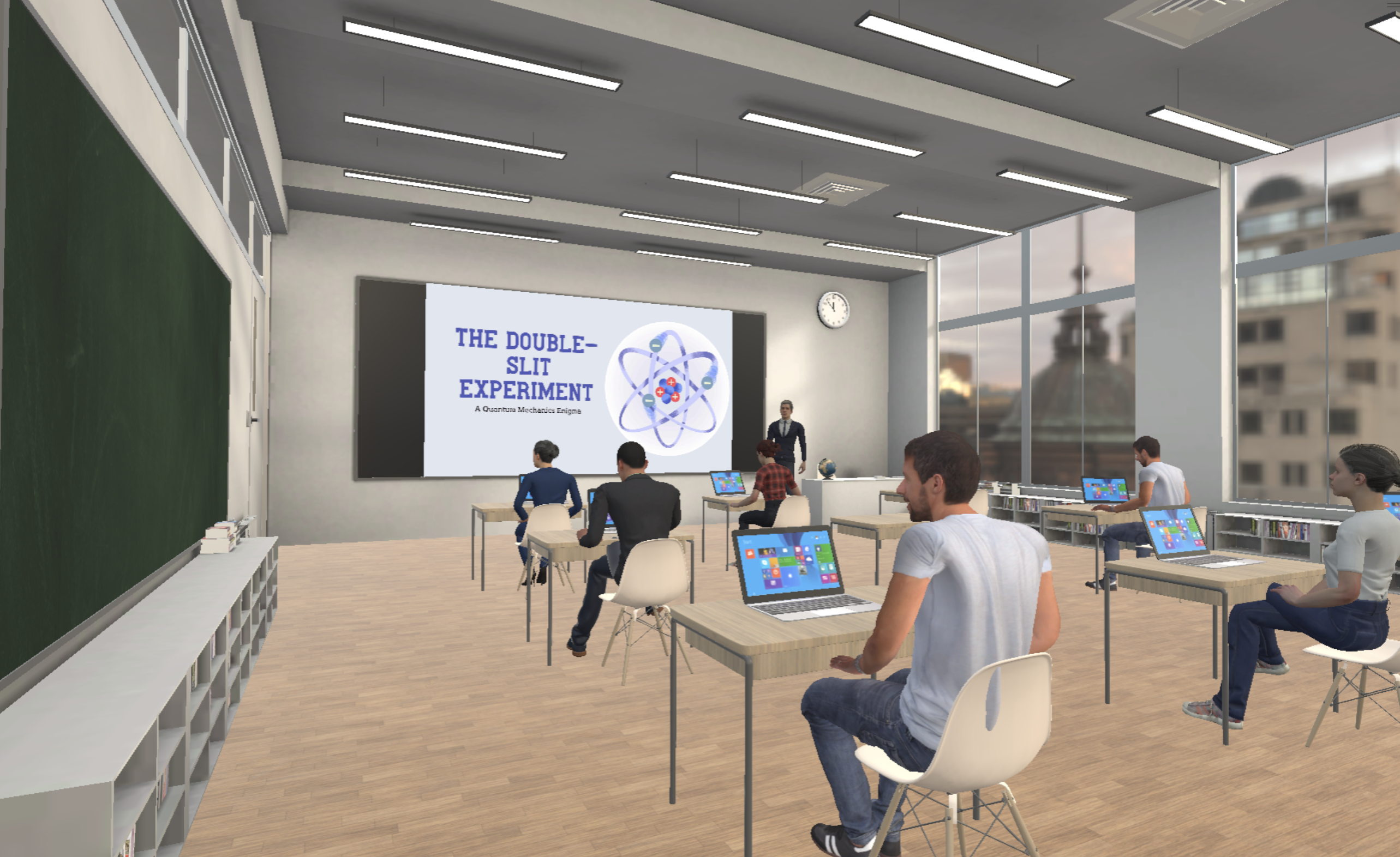 An alternate perspective of the virtual classroom, showing a different viewpoint of the interactive environment, including virtual students, instructional materials, and engagement tools.