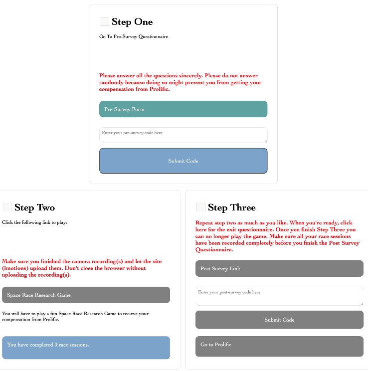 A screenshot of the participant home page