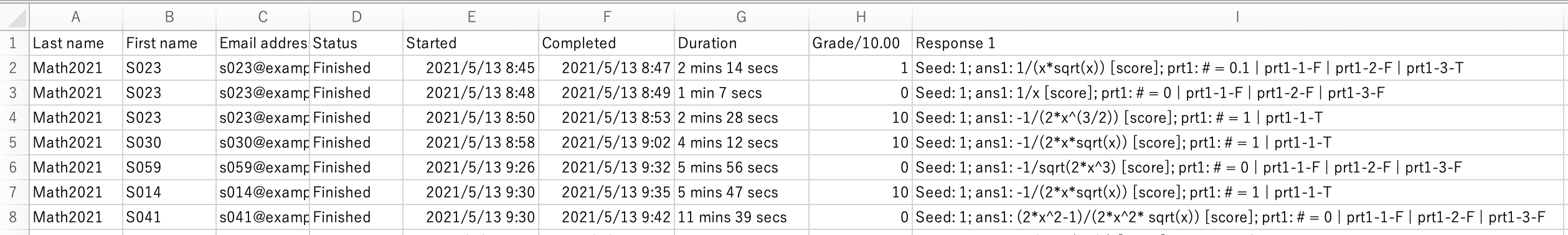 Example of STACK online test answer data