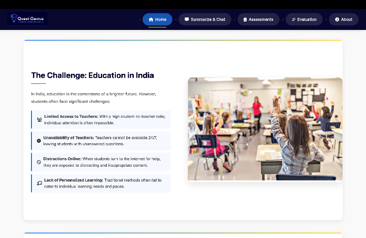 Figure 1. Home page of the Quest-Genius App showcasing its objectives and key features.