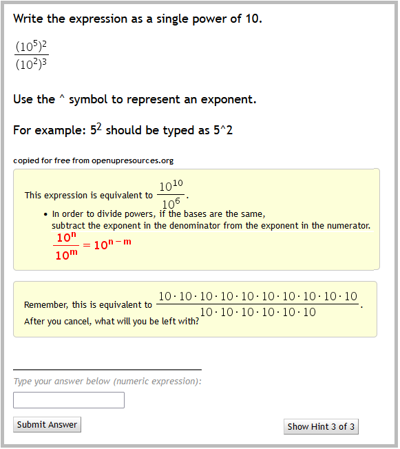 Example of mathematics question in ASSISTments for which a student consecutively requested two supports and received text hints. 