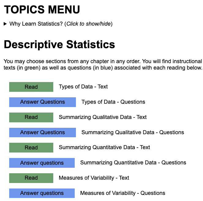 Screenshot of the learning environment students used in the experiment. The student can choose between different topics and choose whether to read about each topic or take a quiz related to the topic.