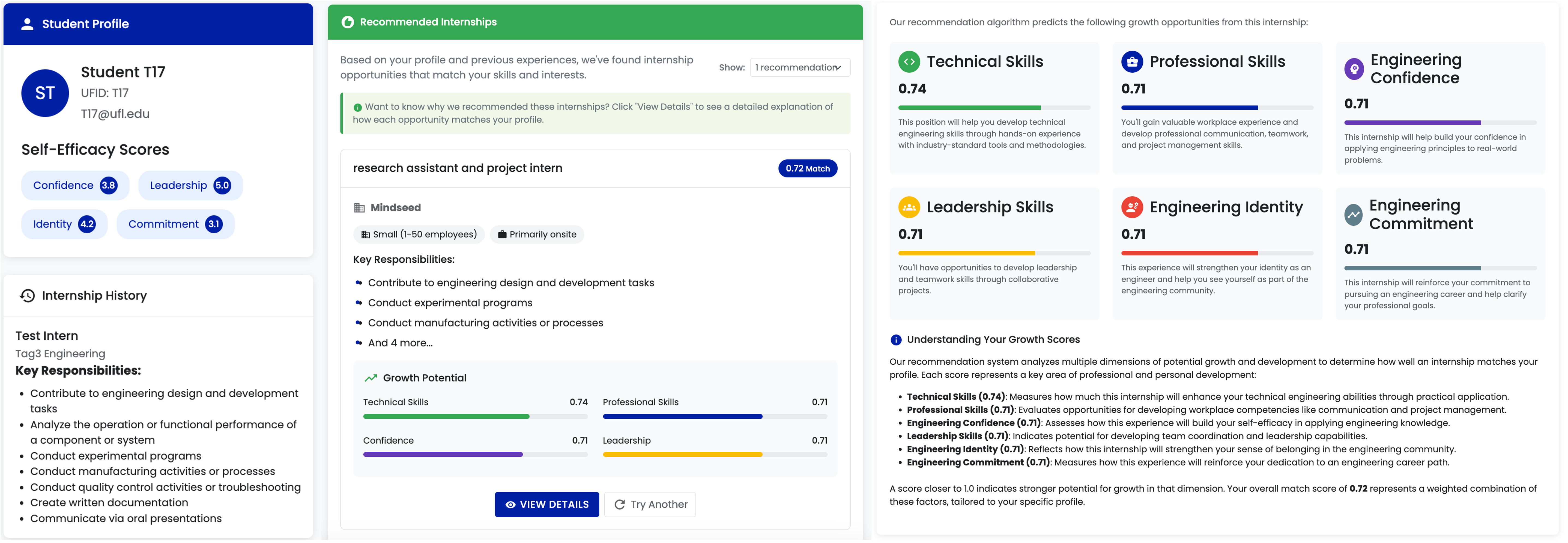Interface of our WIL opportunity Recommender System, Pro-CaRE
