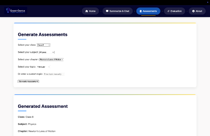Figure 3. Assessment generation feature, allowing students to create and attempt practice assessments.