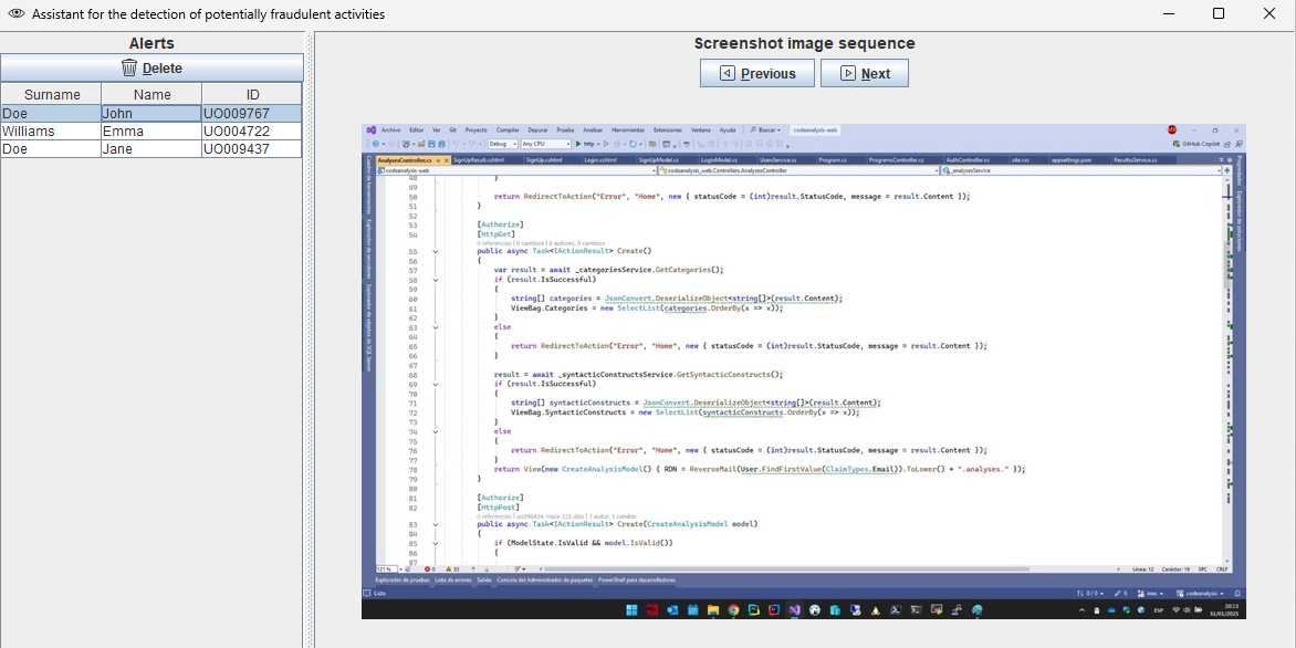 The assistant lists all the alerts. On the left, for each alert, the name, surname, and ID of the student are shown. When one alert is clicked, the sequence of frames that triggered the alert is shown on the right, so that the lecturer can take action.
