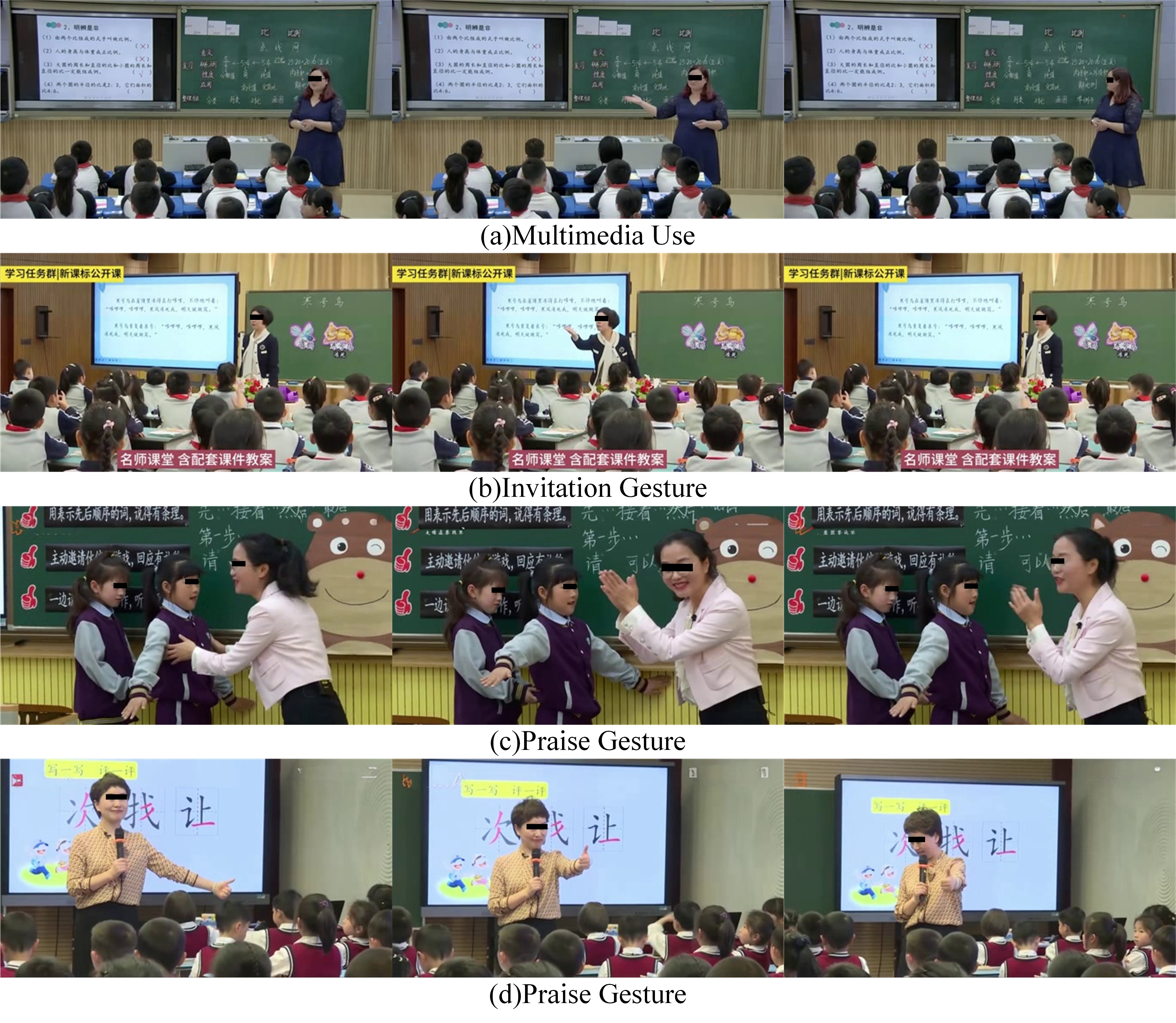 Figures a and b show teacher hand gestures that look similar, but they belong to different categories because of the differences in their interaction objects. Figures c and d have different hand gestures, yet they convey the same meaning. The backgrounds of all the gestures in the figures are very similar. It is recommended to zoom in for better viewing.