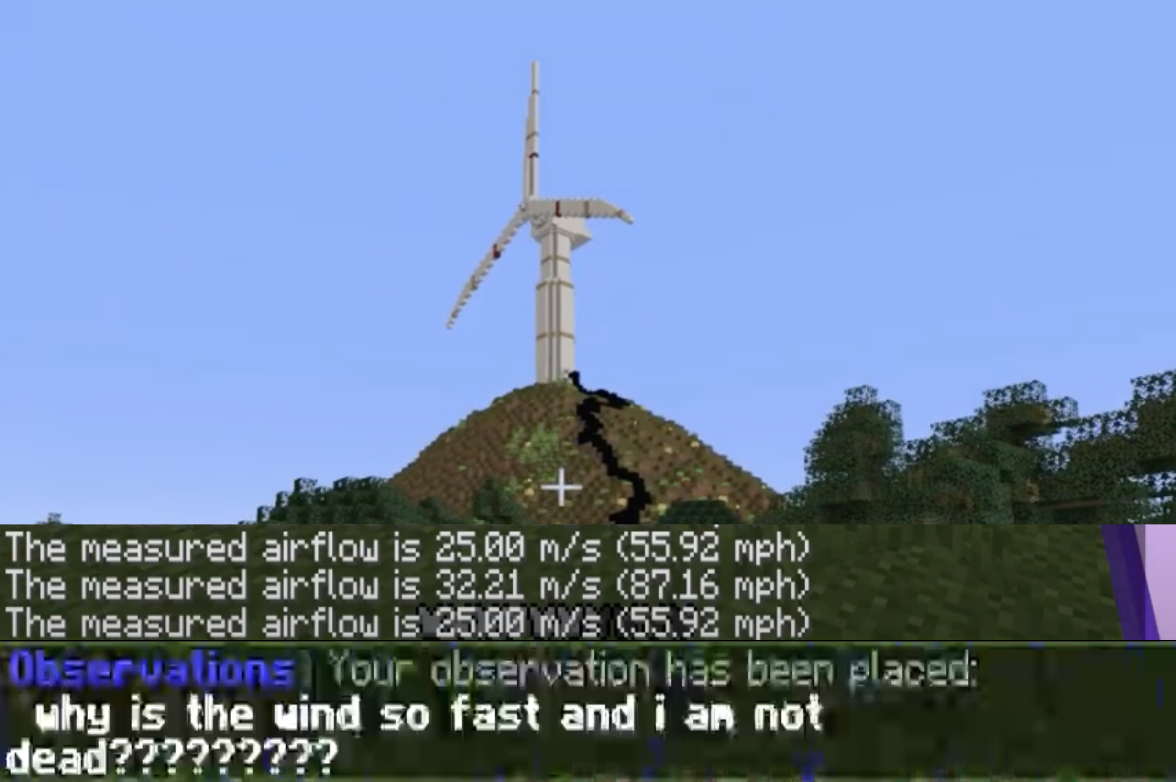 Screenshot from WHIMC, a minecraft-based game world, showing a wind turbine on a hill. On-screen text displays measured airflow speed, and a student asks why the wind is so fast.