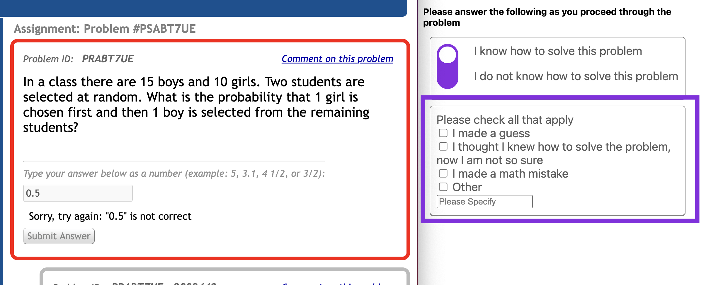 Screenshot showing an incorrect answer message and a new purple-highlighted panel with checkboxes like "I made a guess" or "I made a math mistake".