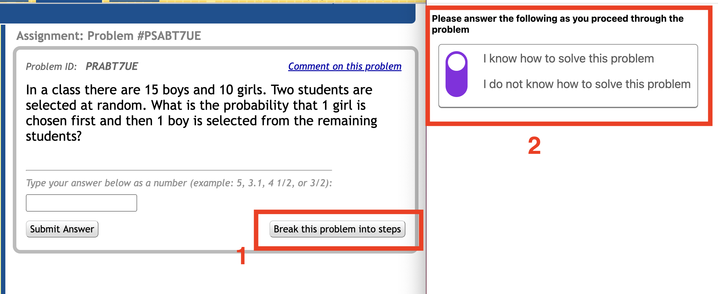 The image is a screenshot of a digital learning interface displaying a probability math problem. Two specific interactive elements on the screen are outlined with red rectangles and numbered "1" and "2