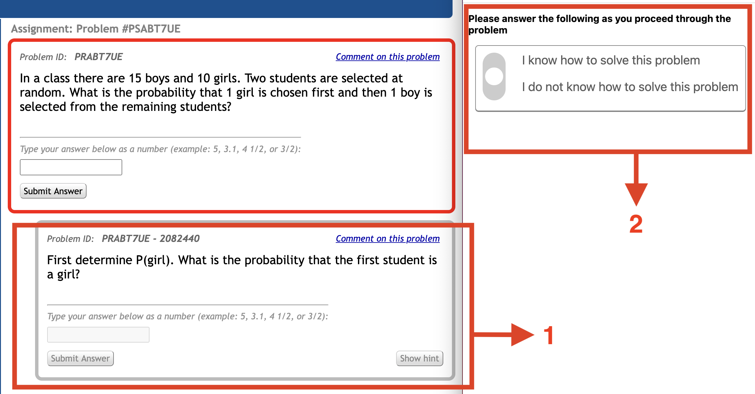 Screenshot showing a new math sub-problem box below the original problem (1) and a disabled, reset knowledge toggle switch in the side panel (2).