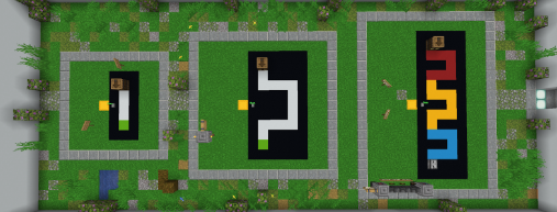 An image depicting the first puzzle module. Puzzle difficulty gets greater moving from left to right. The first puzzle teaches students about movement forward. The second one about turning the \anonymize{BarrelBots} left and right. The final puzzle in the module teaches students about using the code in the second task in a loop.