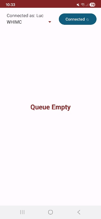 A screen capture of the QRF application after the interviewer connected to the QRF server. The interface shows "Queue Empty" while waiting for the server to send an interview trigger.