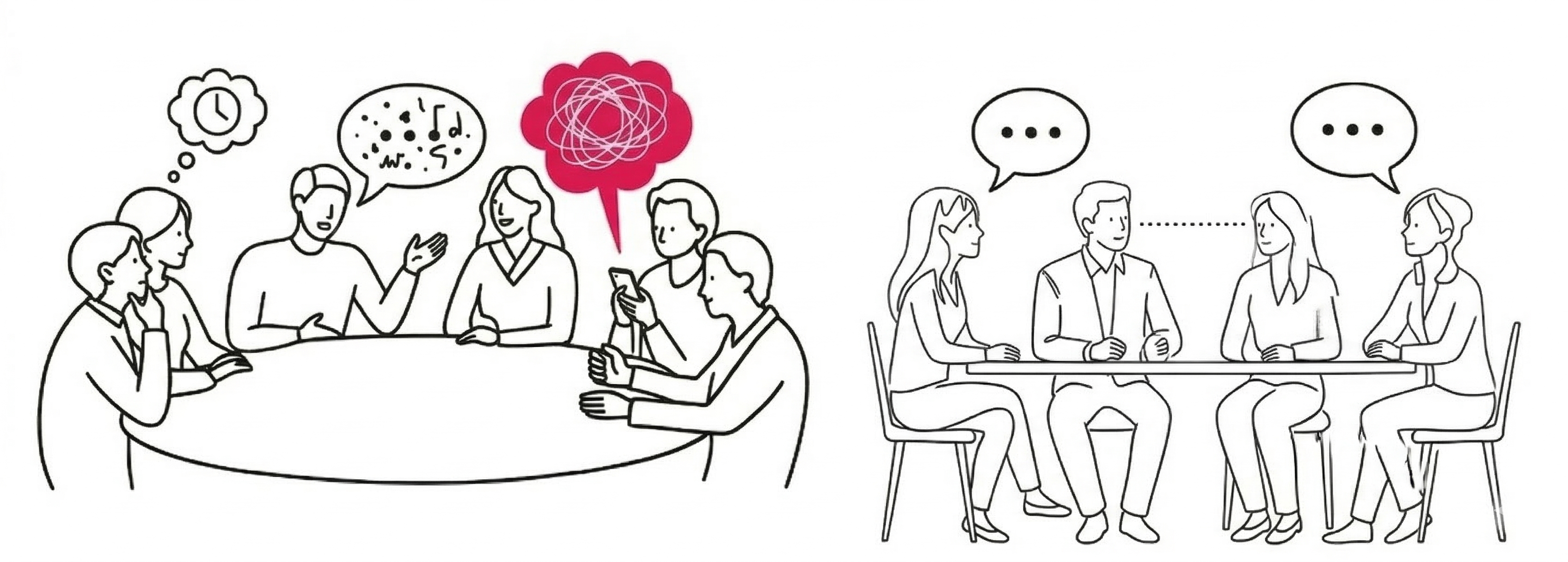 Two contrasting illustrations side by side. On the left, a real collaboration scene shows three participants with heterogeneous engagement: one person has a thought bubble with a red brain icon suggesting active but potentially misdirected reasoning, while the others show neutral expressions, representing the messy dynamics of real classrooms including disengagement and misinformation. On the right, an idealized collaboration scene shows three participants with speech bubbles and aligned expressions, representing controlled datasets that capture only cooperative interaction under shared goals.