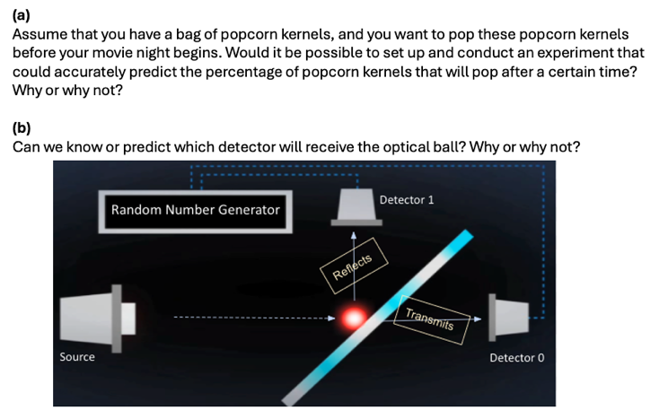 Two example test items used in pre- and post-tests. Item (a) is a classical randomness question asking whether one can set up an experiment to accurately predict the percentage of popcorn kernels that will pop after a given time, and why. Item (b) is a quantum randomness question accompanied by a diagram of a single-photon beam splitter setup. The diagram shows a photon source on the left emitting an "optical ball" toward a diagonal beam splitter in the center, which either reflects the photon upward to Detector 1 or transmits it rightward to Detector 0. A Random Number Generator is shown above the source, with dashed lines indicating the photon paths. The item asks whether one can know or predict which detector will receive the optical ball, and why.